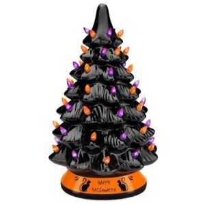 Ceramic Halloween Tabletop Tree w/ Orange & Purple Bulb Lights - 15in 