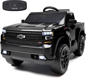 12V Chevy Silverado Ride On Truck with HIGH Speed Mode (5 MPH) & Parent Remote Control, Kid's Battery Powered Licensed Electric Vehicle, LED Lights, Real Tailgate, & Truck Sounds, by ReadyGO - Black