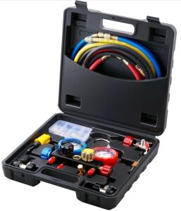 VEVOR 4 Way AC Manifold Gauge Set for R134A R22 R12 R410A Refrigerant, Freon Gauges with 5ft Hoses, Couplers, Can Tap 