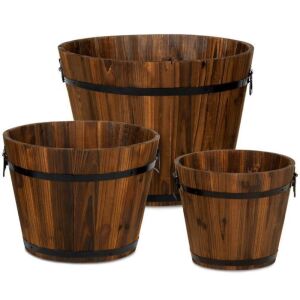 Set of 3 Rustic Wood Bucket Barrel Garden Planters Set w/ Drainage Holes 