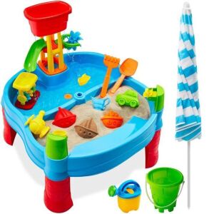 Kids Outdoor Sand & Water Table w/ 18 Accessories, Adjustable Umbrella 