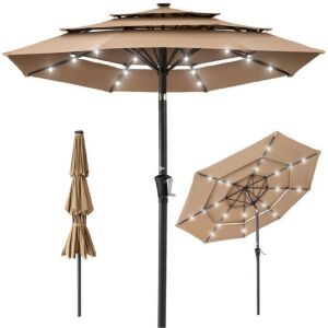 3-Tier Solar Patio Umbrella w/ LED Lights, Tilt Adjustment, Crank - 10ft 