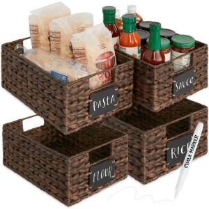 Set of 4 Water Hyacinth Pantry Baskets w/ Chalkboard, Marker - 12in 