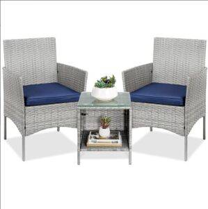 3-Piece Outdoor Patio Wicker Bistro Set w/ Side Storage Table 