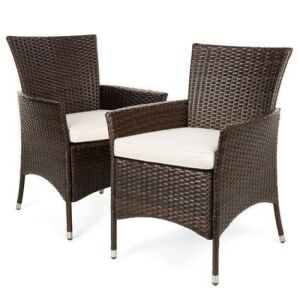 Set of 2 Handwoven Wicker Patio Dining Chairs w/ Water-Resistant Cushions 