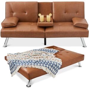 Faux Leather Upholstered Convertible Sofa Bed Futon w/ 2 Cupholders 