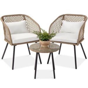 3-Piece Outdoor Diamond Weave Wicker Bistro Set w/ Tempered Glass Side Table 