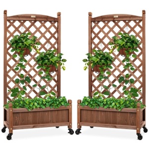 Set of 2 Wood Planter Box & Lattice Trellis w/ Optional Wheels