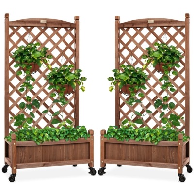 Set of 2 Wood Planter Box & Lattice Trellis w/ Optional Wheels