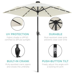 Outdoor Solar Patio Umbrella w/ Push Button Tilt, Crank LIft