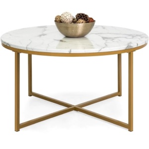 Round Coffee Table w/ Faux Marble Top, Metal Frame - 36in