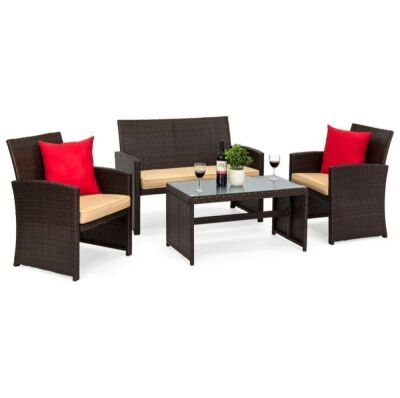 4-Piece Outdoor Wicker Conversation Patio Set w/ 4 Seats, Glass Table Top 