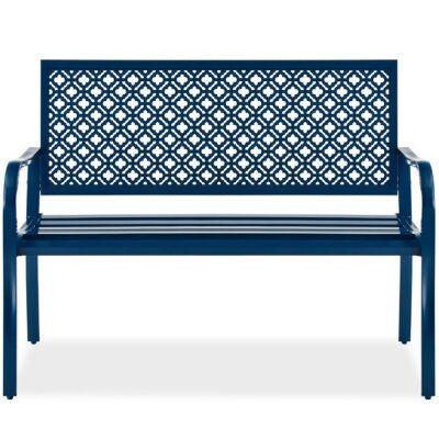 Indoor Outdoor Steel Bench w/ Geometric Backrest, Foot Levelers 