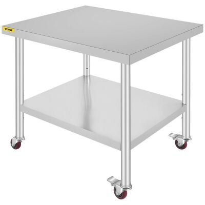 VEVOR 30x36x34 Inch Stainless Steel Work Table 3-Stage Adjustable Shelf with 4 Wheels - Middle Cross Bar Broken Off