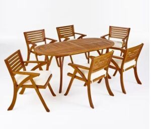 Noble House Hermosa 30 in. Teak Brown 7-Piece Wood Oval Outdoor Dining Set with Cream Cushions