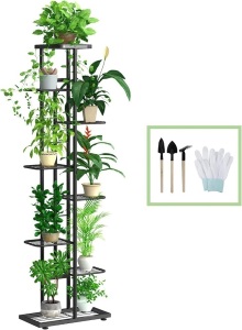 Corner Plant Stand Indoor 8 Tier 9 Potted with Gardening Tools and Gloves, Upgraded Tall Metal Plant Shelf Organizer Outdoor, Multiple Flower Holder Display