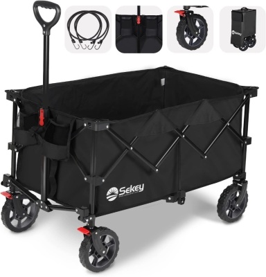 Sekey Collapsible Foldable Wagon with 220lbs Weight Capacity, Heavy Duty Folding Utility Garden Cart with Big All-Terrain Beach Wheels & Drink Holders.Black