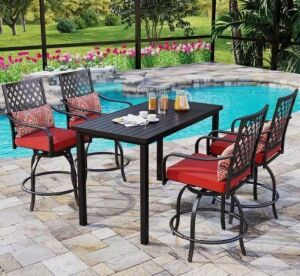 PHI VILLA 5-Piece Metal Rectangle Bar Height Outdoor Dining Set with Red Cushions