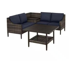 Hampton Bay Prestley Park 4-Piece Steel Patio Conversation Sectional Set with CushionGuard Midnight Navy Blue Cushions