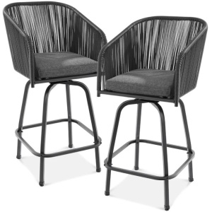 Set of 2 Woven Wicker Swivel Barstools w/ 360 Rotation, Steel Frame 26.4"X25.6"X22"