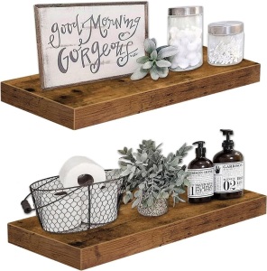 QEEIG Floating Shelves Wall Shelf 24 inches Long Farmhouse Bathroom Decor Bedroom Kitchen Living Room Wall Mounted 24 x 9 inch Set of 2, Rustic Brown (008-60BN)