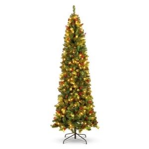 Pre-Lit Spruce Pencil Christmas Tree w/ Berries, Pine Cones 6 FT