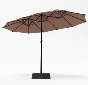 PHI VILLA 15 ft. Market Patio Umbrella 2-Side in Beige With Base and Sandbags