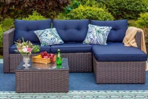 PHI VILLA Black Rattan Wicker 3 Seat 3-Piece Steel Outdoor Patio Sectional Set with Blue Cushions and Coffee Table