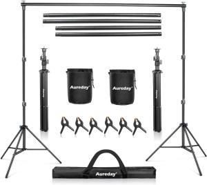 Aureday Backdrop Stand, 10x7Ft Adjustable Photo Backdrop Stand Kit with 4 Crossbars, 6 Background Clamps, 2 Sandbags, and Carrying Bag