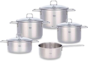 Fissler Hamburg/Cookware-Set, 9-Pcs, pot set, pots with glass lids, induction (3 cooking pots, 1 casserole, 1 saucepan-no lid)