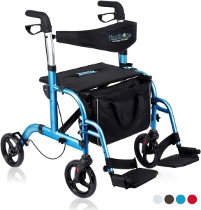 Health Line Massage Products 2 in 1 Rollator-Transport Chair w/Paded Seatrest, Reversible Backrest and Detachable Footrests, Sky Blue