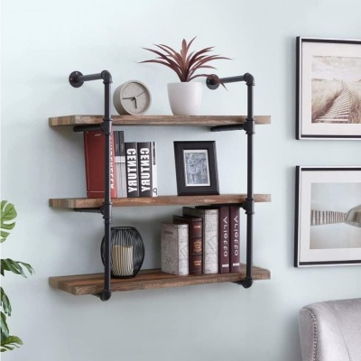 31.5-Inch Industrial Pipe Shelf, 3-Shelf Metal Bookcases Furniture, Retro Brown