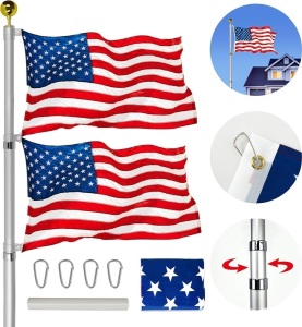 VAIIGO 30FT Telescoping Flag Pole Kit, Heavy Duty Aluminum Flag Pole Fly 2 Flags, with 3 x 5 American Flag, Golden Top Ball and Clips Inground Flag Pole