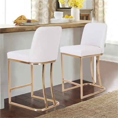 MAISON ARTS Off White & Gold Counter Height Bar Stools with Backs Set of 2 for Kitchen Counter 24 Inch Modern Barstools Upholstered Farmhouse Bar Chairs