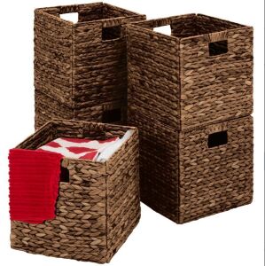 Set of 5 Collapsible Hyacinth Storage Baskets w/ Inserts - 12x12in 