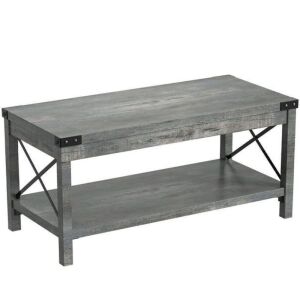 LGHM Modern Farmhouse Rectangle Wood Coffee Table with 2-tier Storage Shelf, Gray