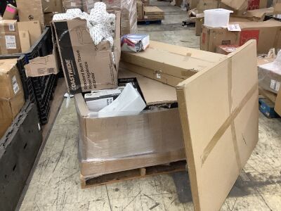 Pallet of Office Supplies - 2 Desks, Whiteboard, Toilet Paper & More