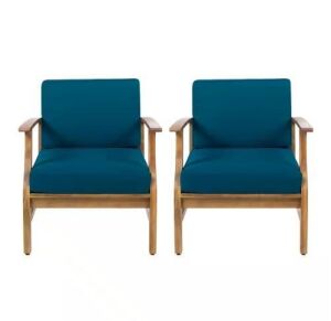 Noble House Perla Teak Finish Wood Outdoor Club Lounge Chairs with Blue Cushions, 2 Pack 