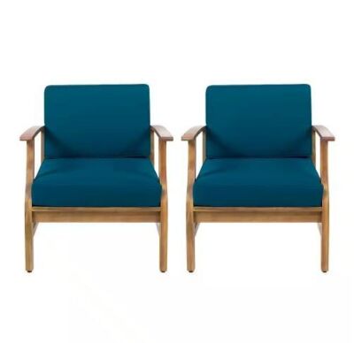 Noble House Perla Teak Finish Wood Outdoor Club Lounge Chairs with Blue Cushions, 2 Pack 