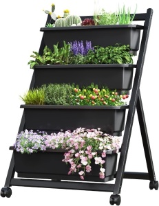 FLEXIMOUNTS Vertical Raised Garden Bed w/Wheels,4 Tiers Freestanding Elevated Garden Planters with Lockable Caster Wheels and 4 Drainage Boxes, fit to Grow