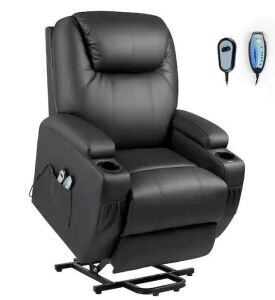 LACOO Big and Tall Black Power Lift Recliner Chair with Massage and Heat, Side Pockets and Cup Holders