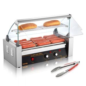 VEVOR 750W Stainless Steel Hot Dog Roller with Dual Temp Control, 5 Rollers 12 Hot Dogs Capacity, Acrylic Cover Bun Warmer Shelf 