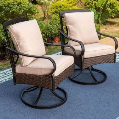 PHI VILLA Metal and Wicker Outdoor Patio Swivel Lounge Chair with Beige Cushions, 2 Pack 