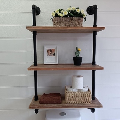 HDDFER Bathroom Shelves Over Toilet Industrial Pipe Shelving with Wood 24 Inch,Rustic Wall Shelves,Industrial Shelves Floating Pipe Shelves for Farmhouse,Bathroom Shelves Pipe Wall Shelf Mounted