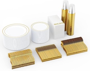 700 Count Gold Dinnerware Set-200 Plastic Plates- 300 Gold Plastic Silverware-100 Gold Plastic Cups-100 Disposable Hand Towel- Disposable Gold Dinnerware Set for Halloween, Christmas, Thanksgiving