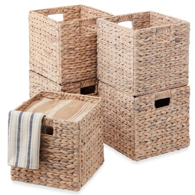 Set of 5 Collapsible Hyacinth Storage Baskets w/ Inserts - 12x12in