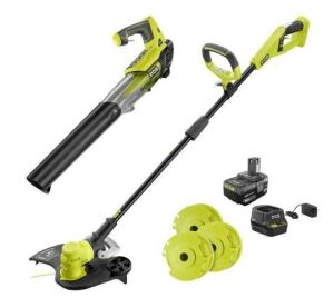 RYOBI ONE+ 18V Cordless String Trimmer/Edger and Blower with Extra 3-Pack of Spools, 4.0 Ah Battery and Charger