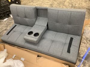 Linen Upholstered Convertible Sofa Bed Futon w/ 2 Cupholders - Needs Screws for 2 Legs