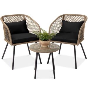 3-Piece Outdoor Diamond Weave Wicker Bistro Set w/ Tempered Glass Side Table 