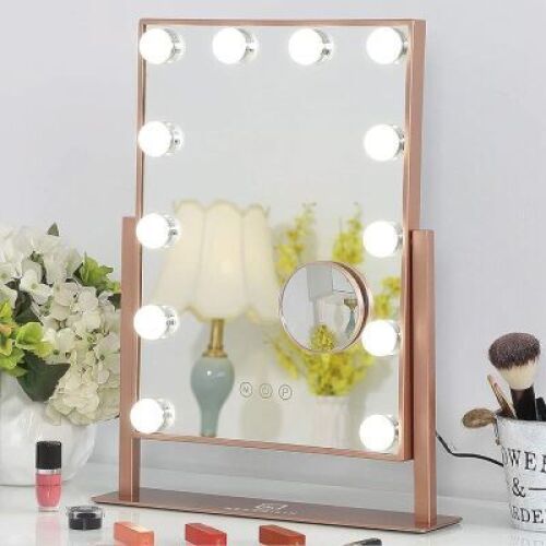 FENCHILIN Lighted Makeup Mirror with Light Smart Touch Control 3Colors Dimmable 10X Magnification 360°Rotation